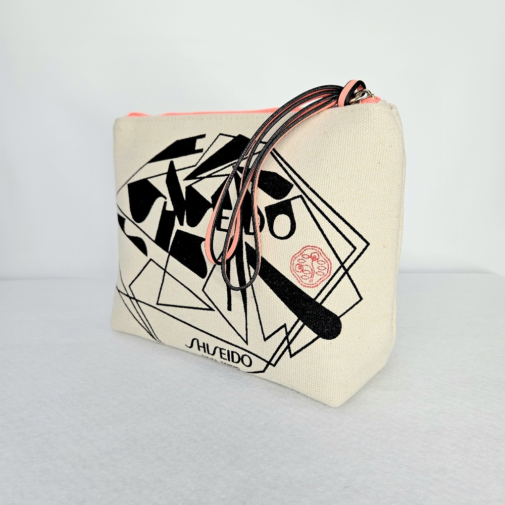 Shiseido 8x7x3.5" Cosmetics Bag Cotton Canvas Zipper Lined Abstract Japan Coral